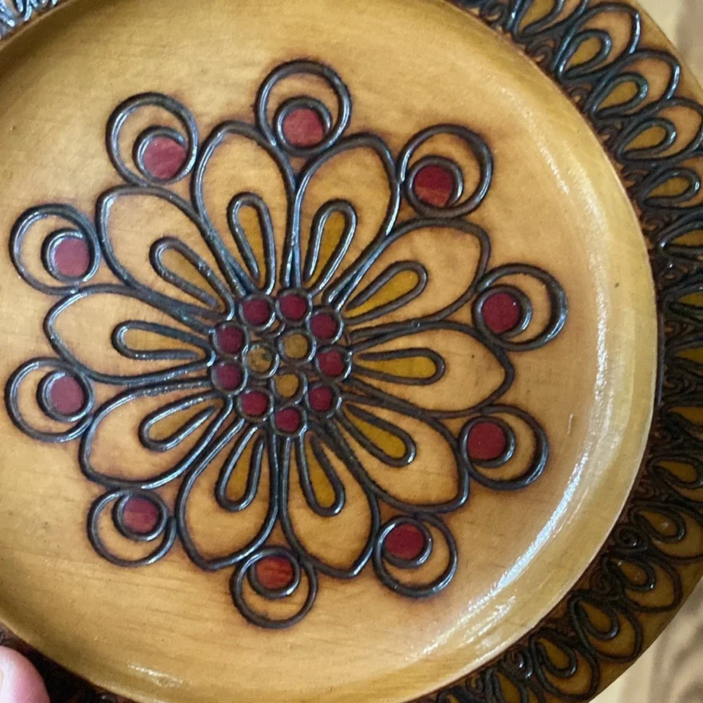 Vintage wooden inlaid Polish decorative plate Spoldzielnoa Rzemieslnicza trinket